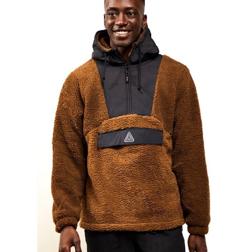 HUF Andes Sherpa Anorak Jacket Pullover Hoodie 1/4 Zip Fleece Brown Size Medium